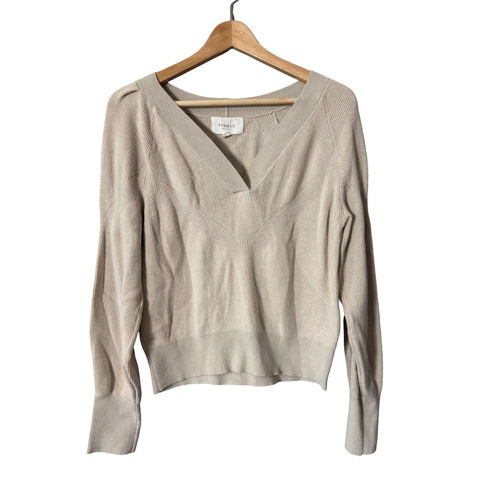 Pinque V-Neck Ribbed Knit Sweater Size M Beige Rayon Blend PF3S25849SFR1